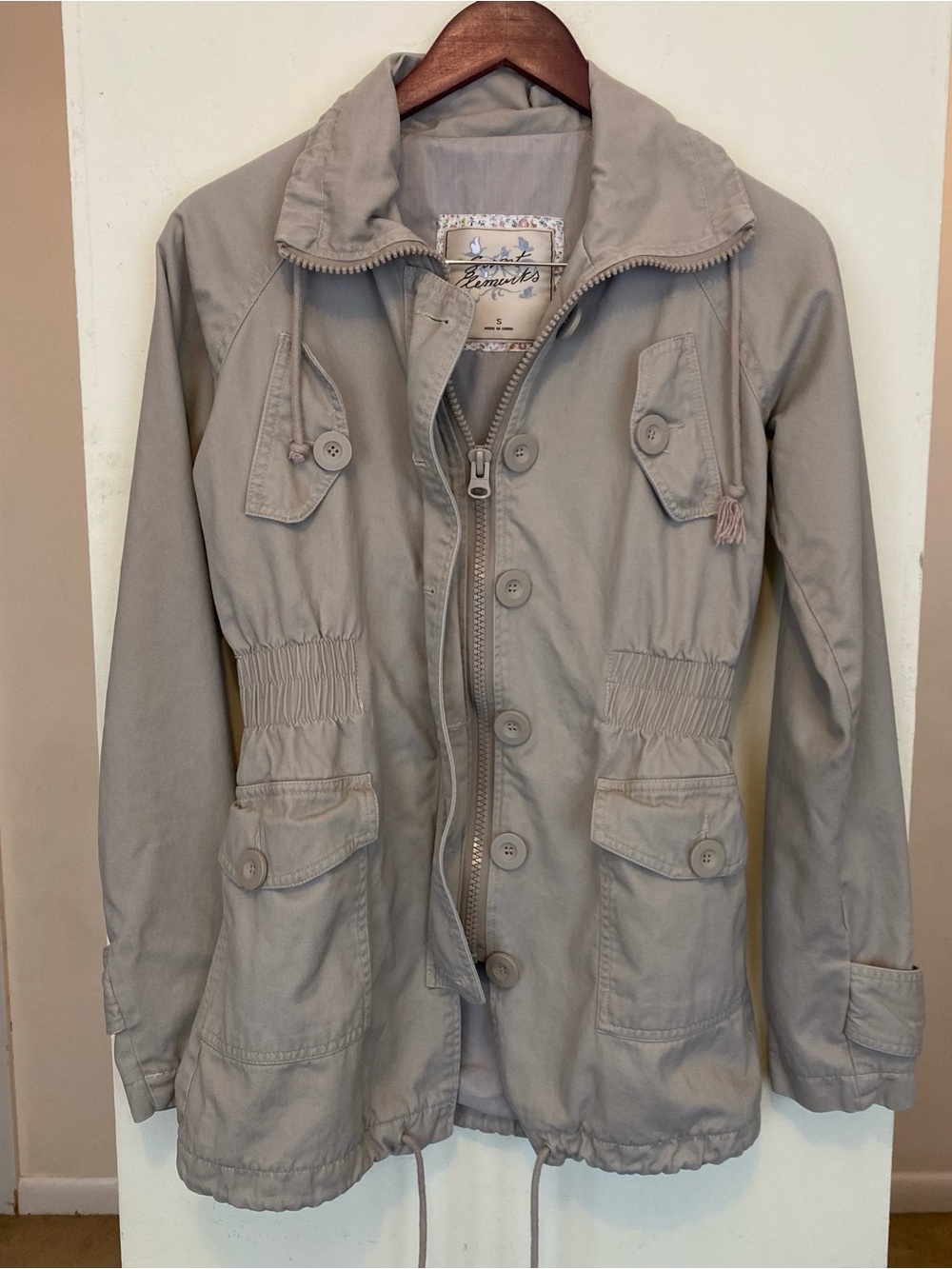 Sweet Elements Beige Khaki Military Cargo Jacket Pockets Womens Small Zip Button